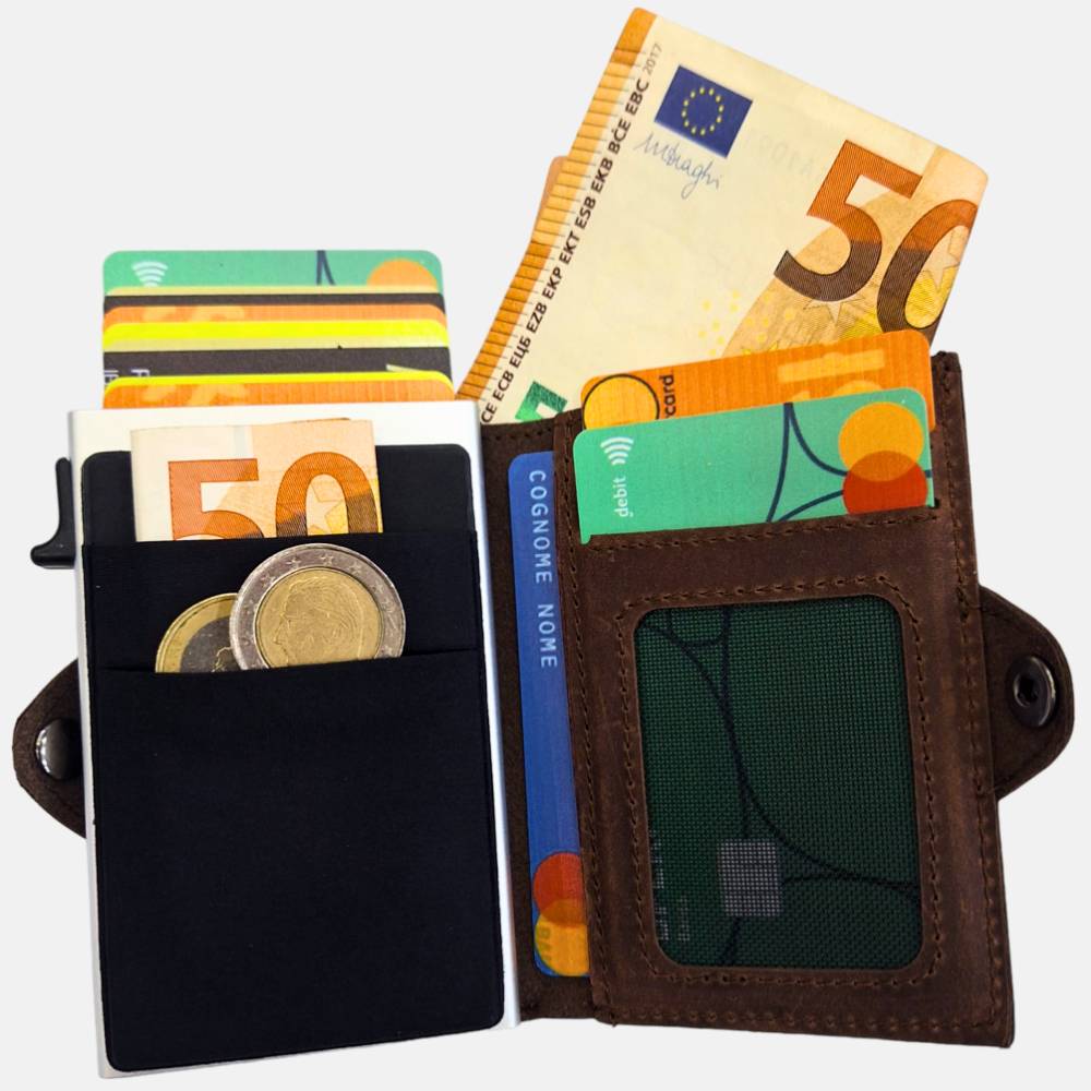Portacarte safe magnetic silver con custodia in pelle marrone - Sei♥G