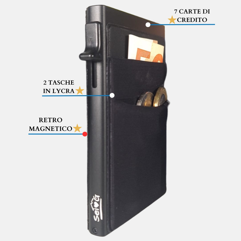 Portacarte safe magnetic nero con custodia in pelle nera - Sei♥G
