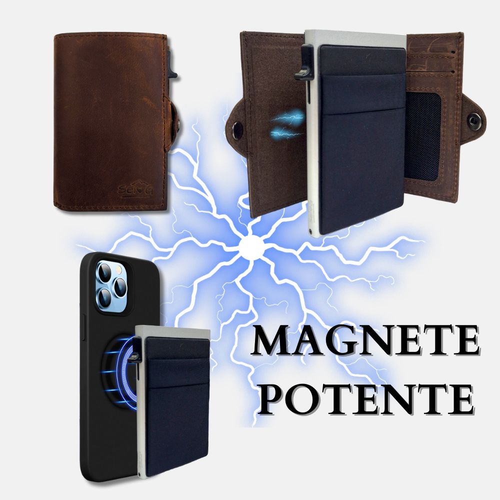 Portacarte safe magnetic silver con custodia in pelle marrone - Sei♥G