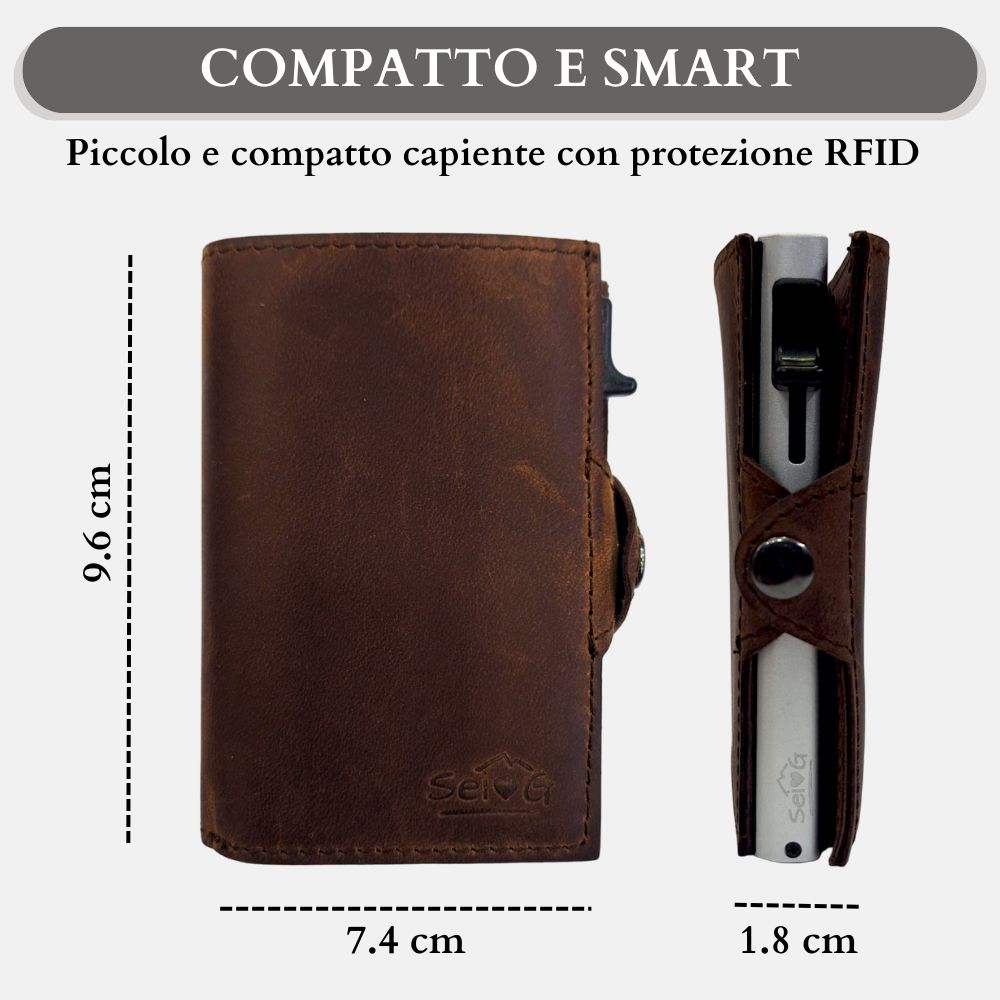 Portacarte safe magnetic silver con custodia in pelle marrone - Sei♥G