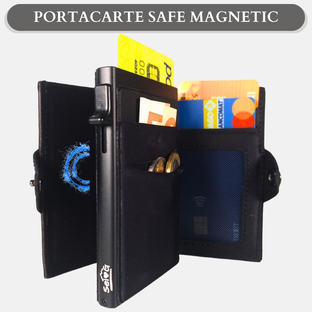 Portacarte safe magnetic nero con custodia in pelle nera - Sei♥G