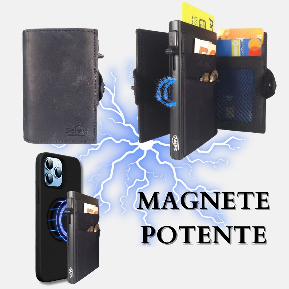 Portacarte safe magnetic nero con custodia in pelle nera - Sei♥G