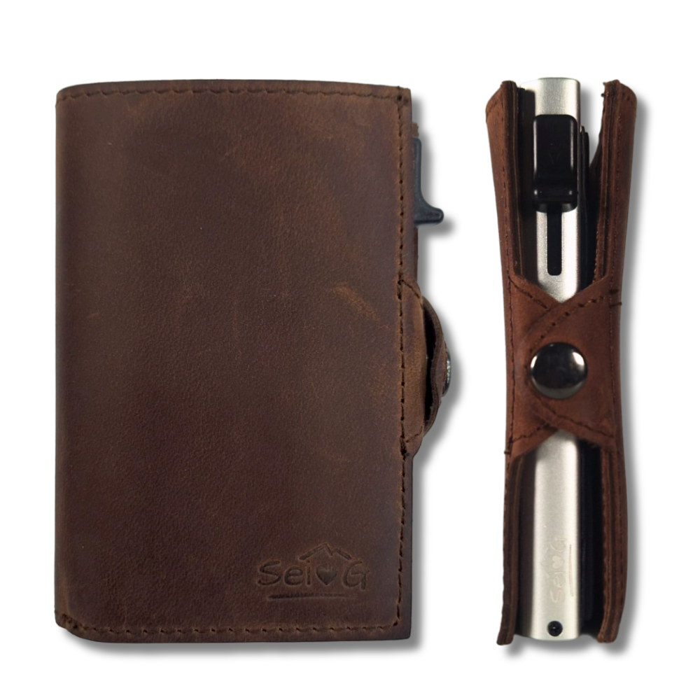 Portacarte safe magnetic silver con custodia in pelle marrone - Sei♥G