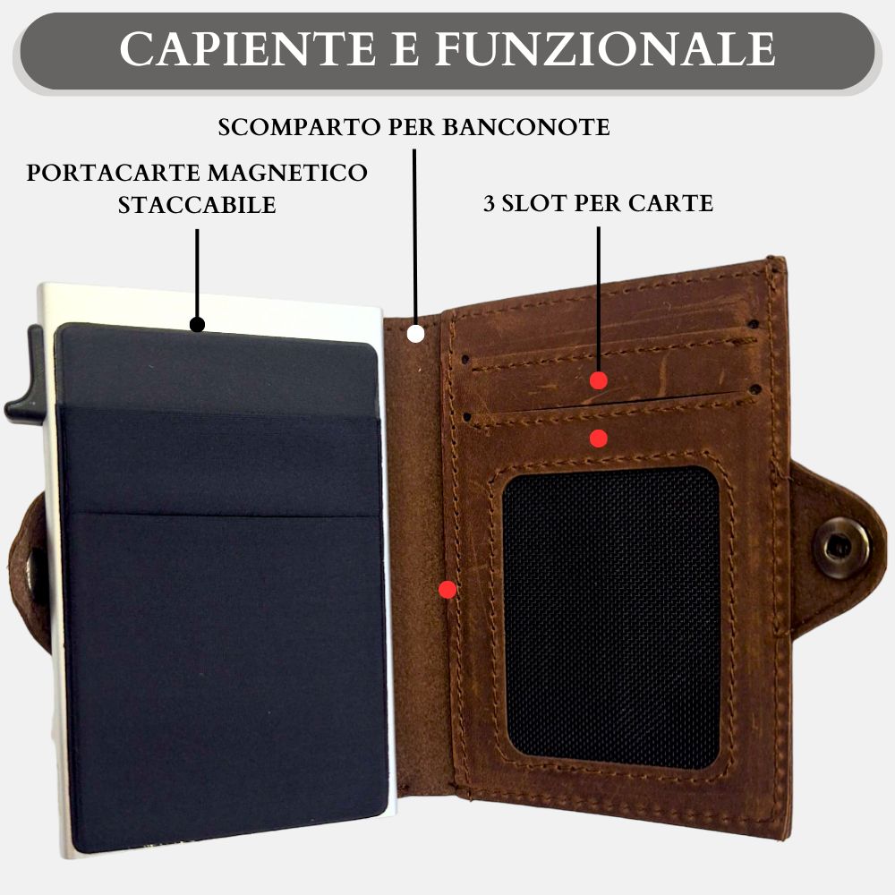 Portacarte safe magnetic silver con custodia in pelle marrone - Sei♥G