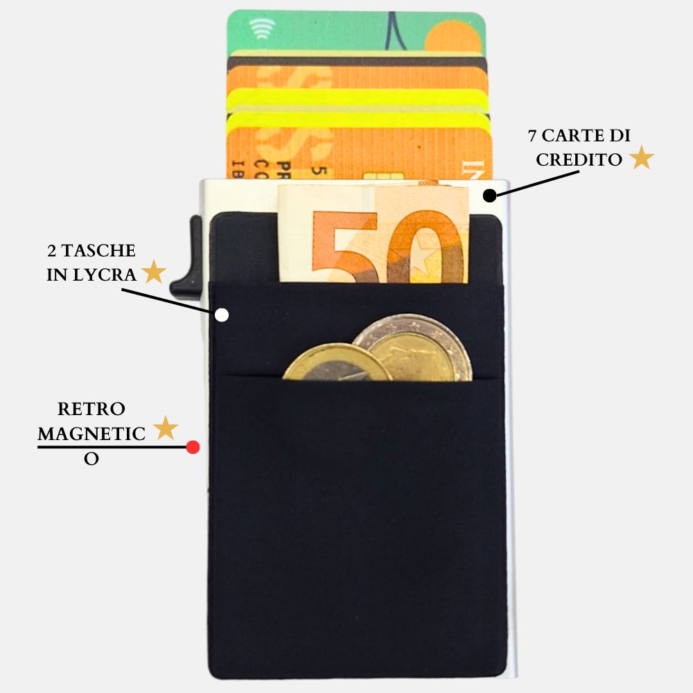 Portacarte safe magnetic silver con custodia in pelle marrone - Sei♥G