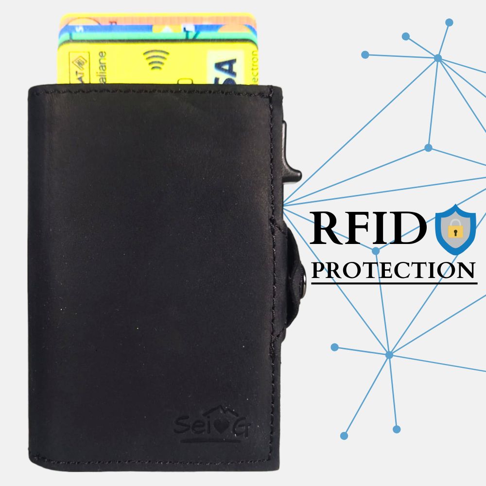 Portacarte safe magnetic nero con custodia in pelle nera - Sei♥G