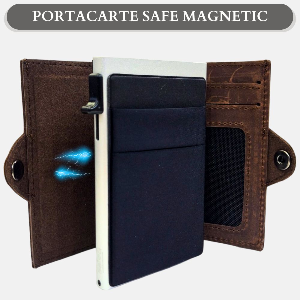 Portacarte safe magnetic silver con custodia in pelle marrone - Sei♥G