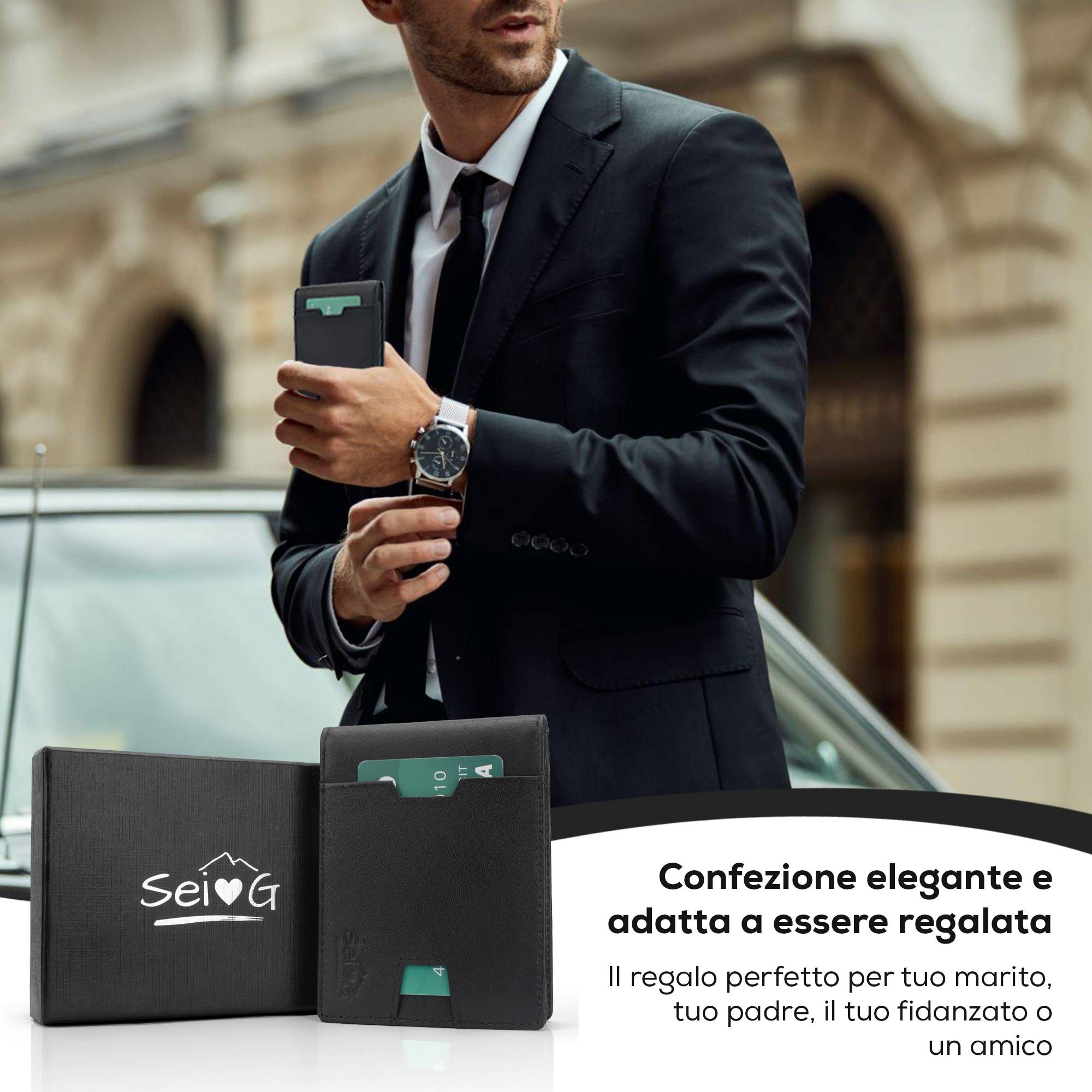 Portafoglio uomo slim nero portacarte RFID - Sei♥G