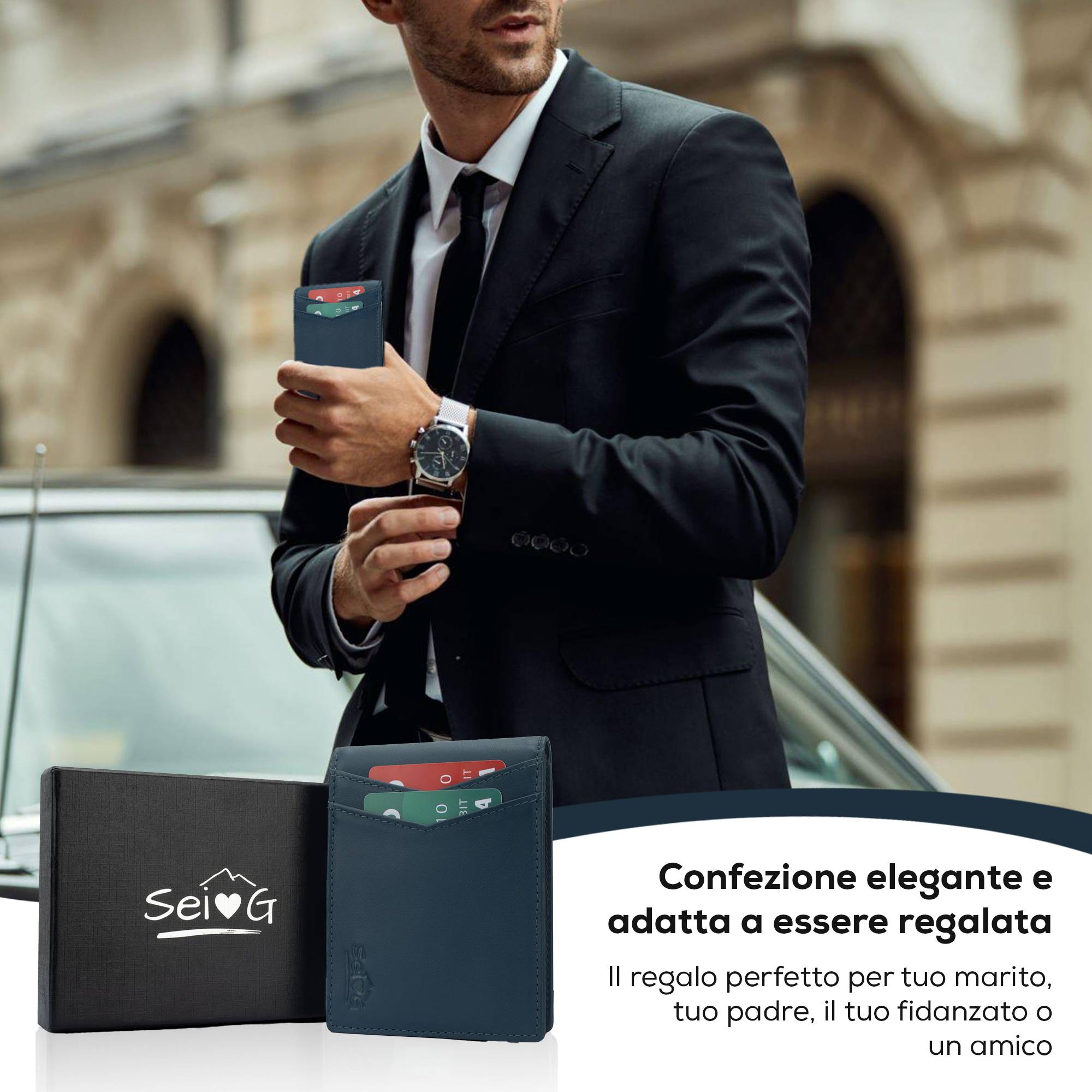 Portafoglio uomo slim blu portacarte RFID - Sei♥G