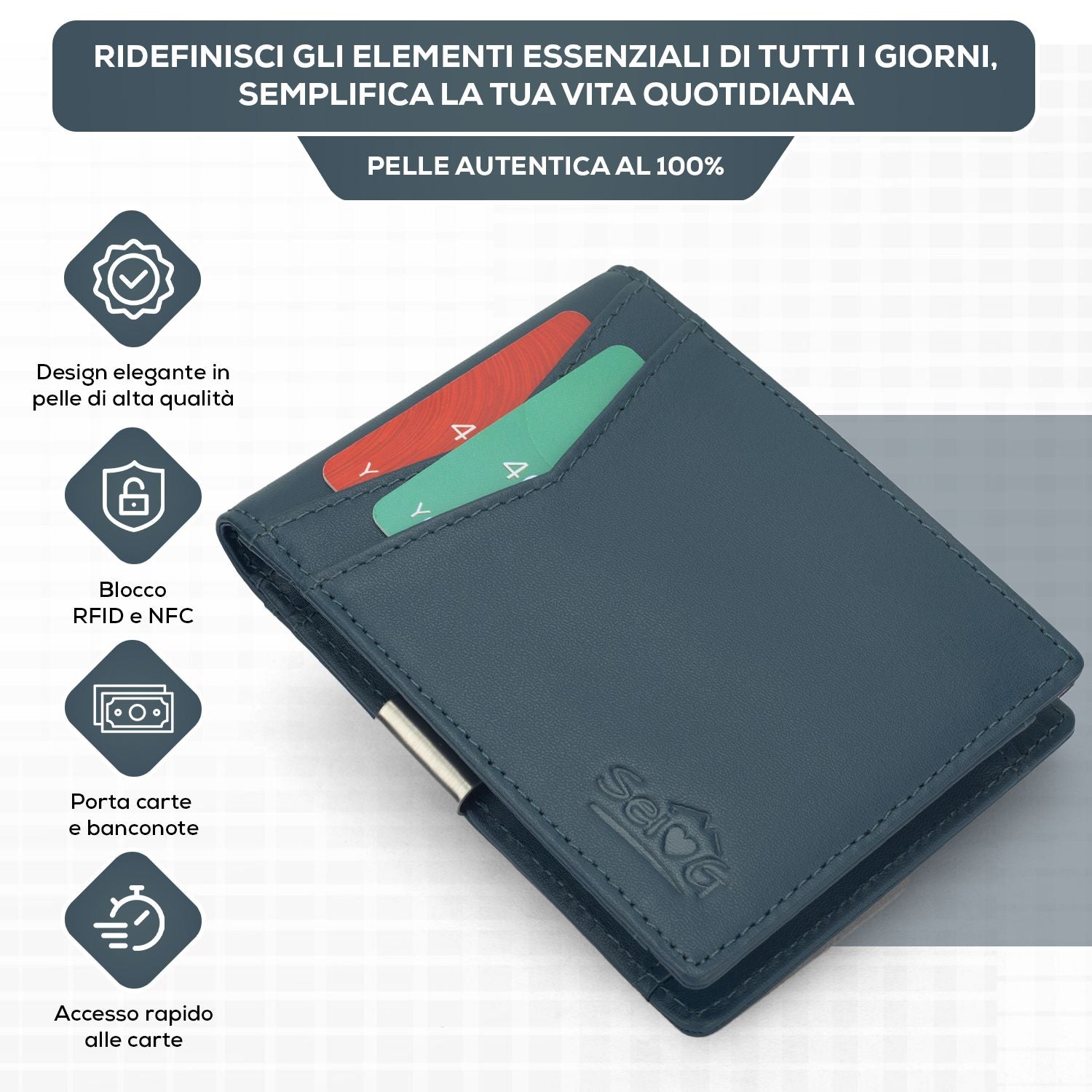 Portafoglio uomo slim blu portacarte RFID - Sei♥G
