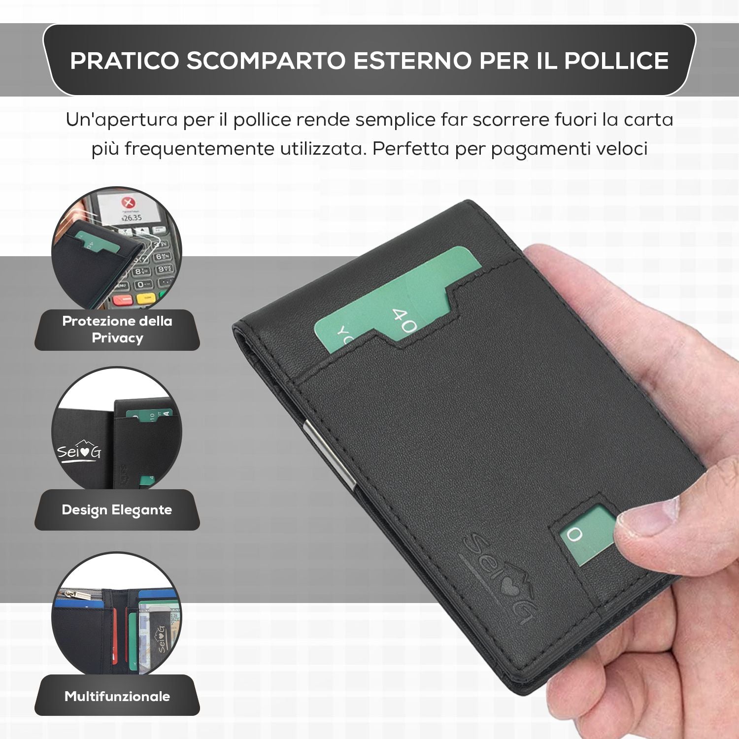 Portafoglio uomo slim nero coin portacarte RFID - Sei♥G