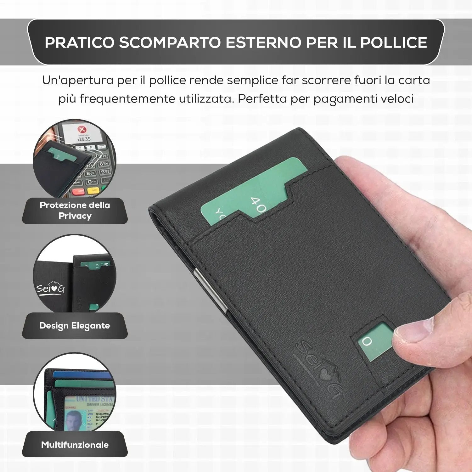 Portafoglio uomo slim nero portacarte RFID - Sei♥G