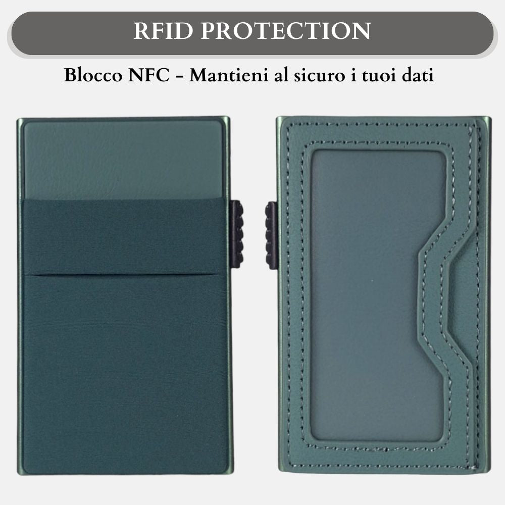 Sei G portacarte in alluminio verde con tasca elastica - Prodotti di Classe
