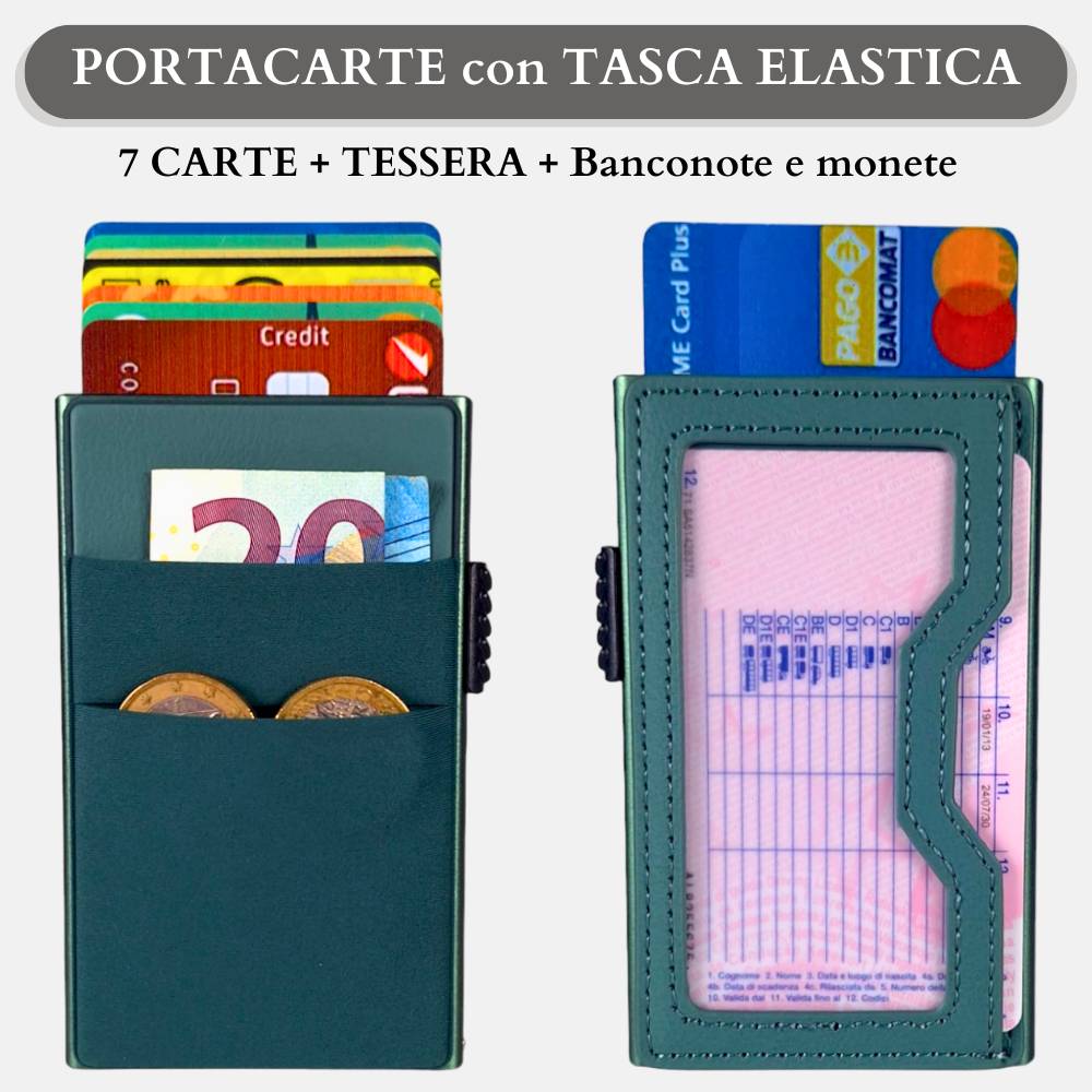 Sei G portacarte in alluminio verde con tasca elastica - Prodotti di Classe