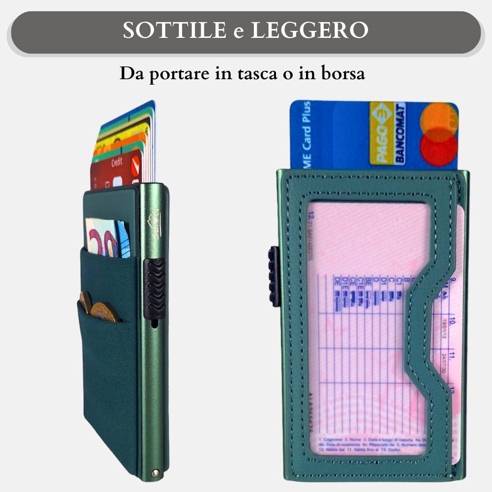 Sei G portacarte in alluminio verde con tasca elastica - Prodotti di Classe