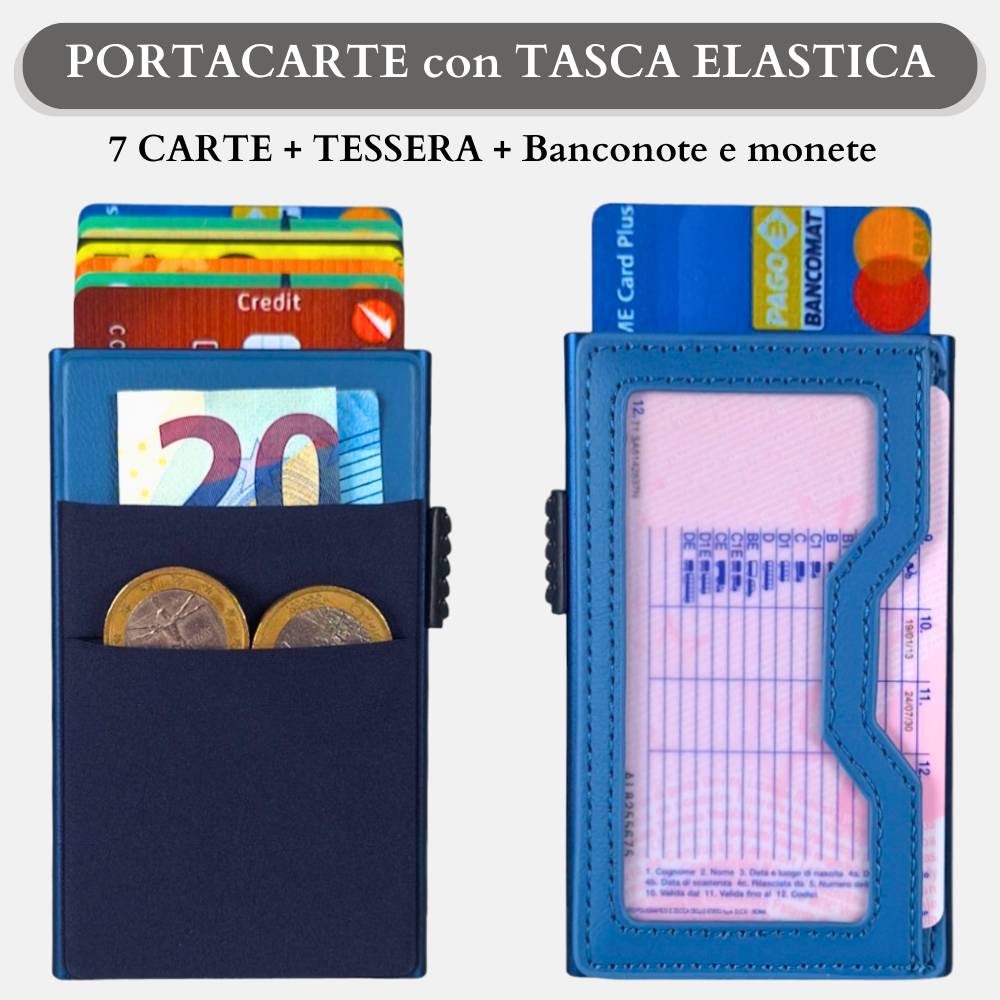Sei G portacarte in alluminio blu con tasca elastica - Prodotti di Classe