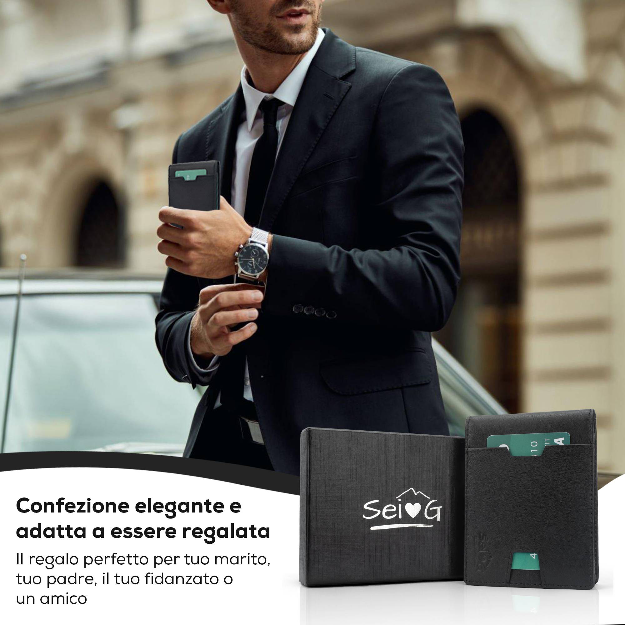 Portafoglio uomo slim nero coin portacarte RFID - Sei♥G